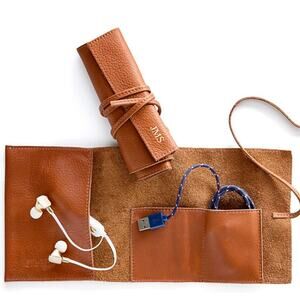 Mark & Graham NEW Leather Charger Rollup Camel Brown Tan with Tie NWOT Monogram